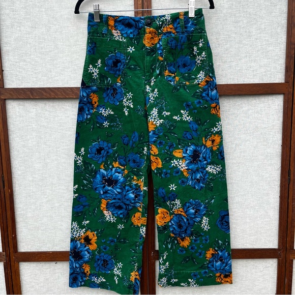 Anthropologie Maeve Colette Green Floral Velvet High-Waisted Wide-Leg Pants - 26 - Picture 2 of 13